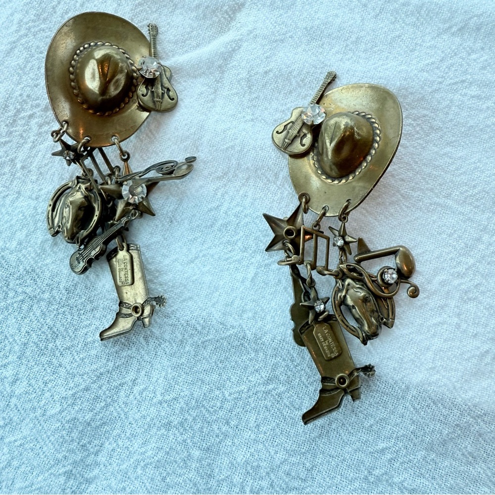 Vintage Gold LA Contessa by Mary Demarco Western Hat Boot Themed Dangle Earrings